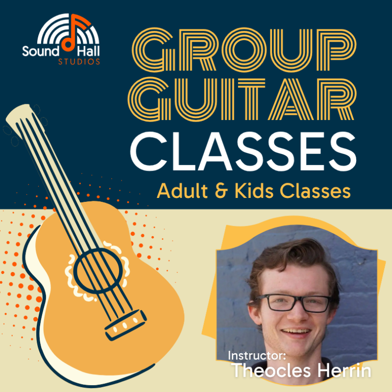Sound Hall Studios Group Guitar Classes for adults and kids taught by instructor Theocles Herrin in Henrico County, Virginia. Beginner classes starting October 4, 2026.