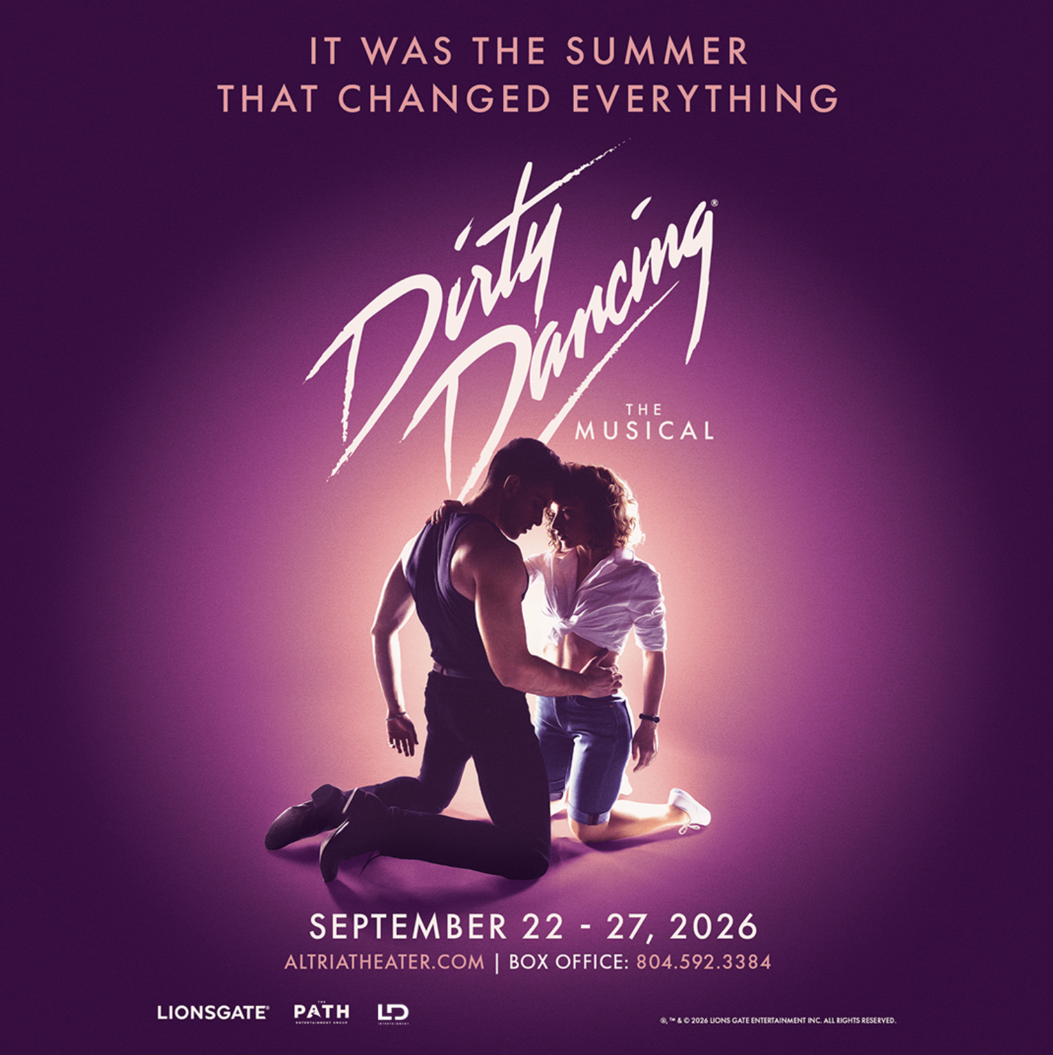 Dirty Dancing The Musical official north american tour art shows a man and a woman on their knees with a purple gradient background and the show information in white text around them.