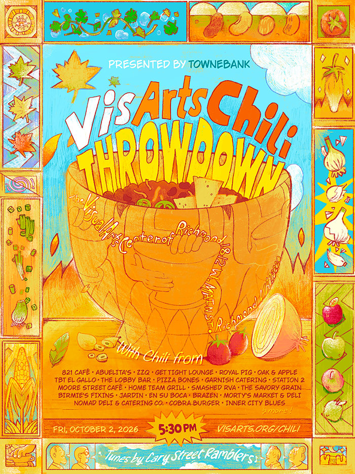 a poster depicting clay bowls, chili ingredients, and the event info