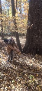 A tree hugging contestant displays a creative moment for the Freestyle Competition.