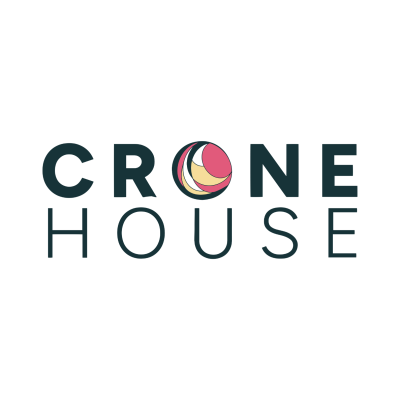 crone house stacked logo using a wide sans serif font in dark marine blue and a sigil of moons in pinks, yellows, and blue in the letter O in Crone