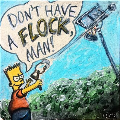 Bart Simpsons destroying a Flock camera with his slingshot.